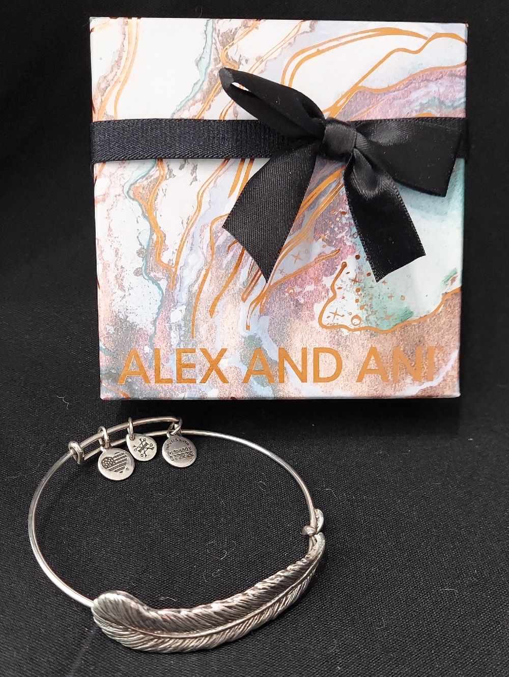 Alex and Ani Silver-Tone Feather Bangle with Dainty Charms Expandable Bracelet